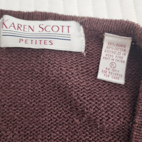 Karen Scott Petite Floral Embroidered Brown Knit Button Up Vest Top - Picture 6 of 6
